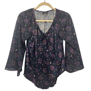 Vintage California Prints M Floral Boho Peasant Blouse Long Sleeve V-Neck Top